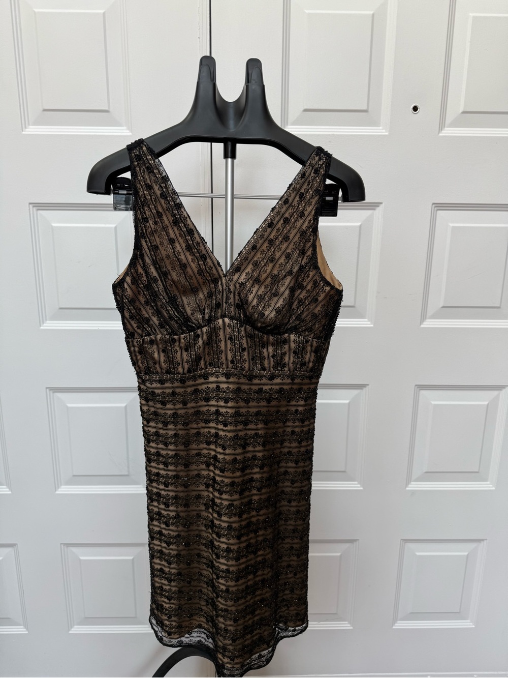 Vintage Beaded Lace V-Neck Midi Dress in Black and Tan
